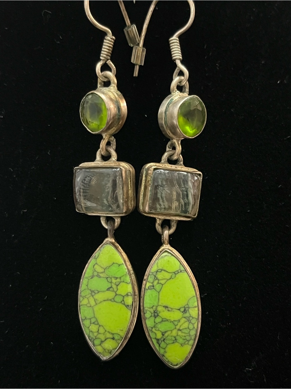 Silver Green Turquoise Drop Earrings - Lime Green Stones